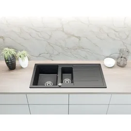 faizee home Granitspüle 100 x 50 mm links Einbauspülbecken schwarz + Handbetätigung