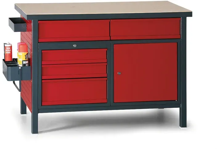 Werkbank GD, 5 Schubladen, Fichte + beidseitig furniertes Fichten-Sperrholz, 5 Schubladen, 1 Schrank, 1190 x 600 x 850 mm, Graphit / rot