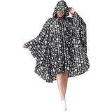 NUUR Damen Regenponcho Regenmantel Unisex Regenjacke Wasserdicht Regencape Wiederverwendbar mit KapuzeSchwarz Blumen - Einheitsgröße