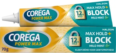 Corega Power Max Hold + Block Haftcreme Für Zahnprothesen Milde Minze Tube 70g