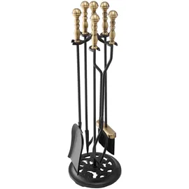 Vevor Kaminbesteck-Set 5-teilig Schmiedeeisen inkl. Zange, Ascheschaufel, Bürste, Schürhaken Schwarz/Messing