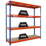 Proregal Profi Schwerlastregal Rhino HxBxT 200x200x60cm 4 Spanplatten-Ebenen 8mm Fachlast 500kg Blau/Orange Stecksystem Lagerregal Steckregal