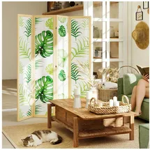 Homcom Paravent aus Kiefernholz, mit Palmenblatt-Design (Tragbarer Sichtschutz, 1 St., 4-teilig Raumteiler), für Wohnzimmer, Arbeitszimmer, Naturholz+Grün beige|grün