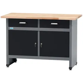 KÜPPER Werkbank Massive Buchenarbeitsplatte 120 cm x 84 cm x 60 cm schwarz 2 Schubladen 2 Türen