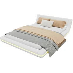 Merax 140*200cm Flachbett, Bodenbett, PU, LED-Umgebungslicht, 24-Tasten-Fernbedienung, weiß