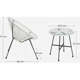 Songmics Balkonmöbel, Gartenmöbel-Set, 1 Tisch, 2 Stühle, Tischoberfläche aus Glas, weiß