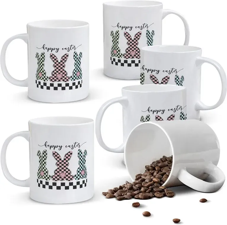 Alphynix 1 Fröhliche Ostern Tasse, 33cl Keramik-Kaffeetasse mit karierten Hasen und rosafarbenen Hintern, funky modernes Geschenk für Teens, Erwachsene,Geschenk zum valentinstag, geschenk zum geburtstag