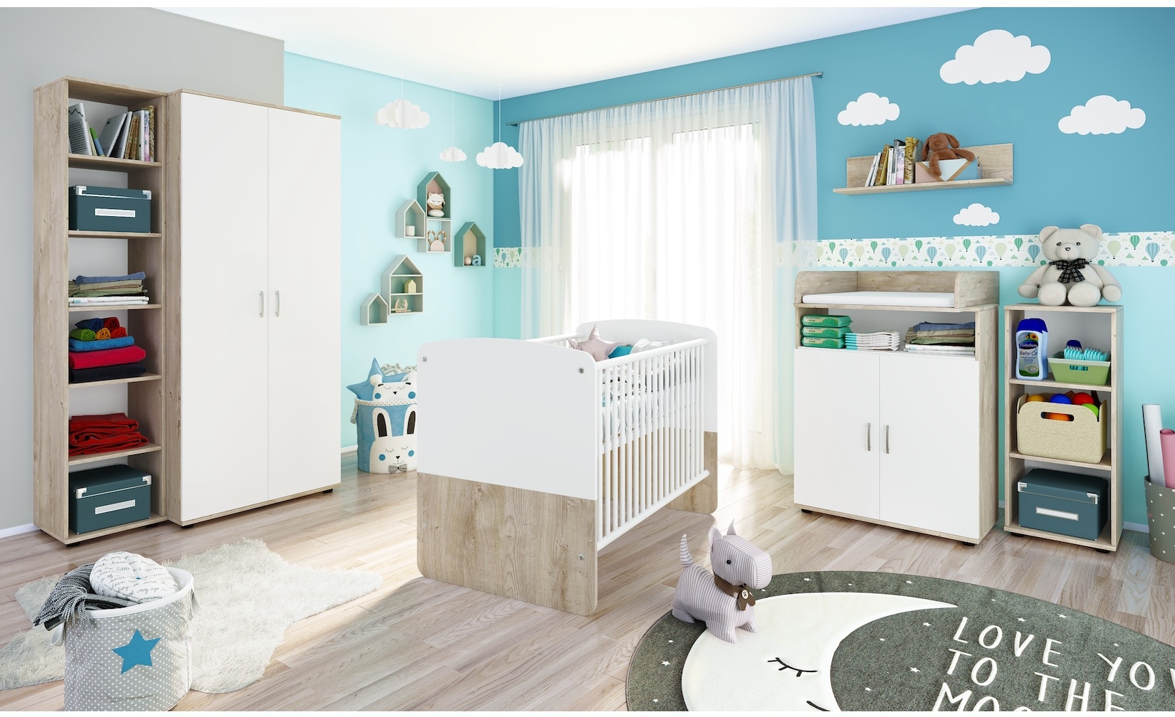 nonjoo. Babyzimmer Lani Set 6: best. aus Babybett, Kommode, Wickelaufsatz, Wandboard, Regal mit 3 Fächern, Regal mit 6 Fächern und Kleiderschrank 2-trg.