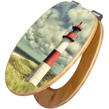 Banjado Design WC Sitz Bambus Holz Toilettendeckel Mit Absenkautomatik Klodeckel WC-Sitz Soft Close Mit Motiv Leuchtturm Sylt