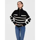 Vero Moda Damen VMSABA Stripe LS Highneck Blouse GA NOOS Pullover, Black/Stripes:Birch, One Size - XXL