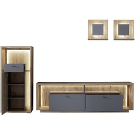 MCA Furniture Wohnwand »Lizzano«, (Set, 4 St.), im modernen Landhausstil mit 3-D Rückwand, wahlweise mit Beleuchtung, grau Eichefarben , 286x200x40 cm