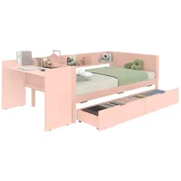 XDOVET Flachbett,Holzbett,90x200cm,Rosa,mit Schreibtisch, ausgestattet mit 2 Schubladen, Einzelbett(Ohne Matratze)mit