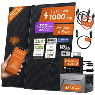Solarway® 1000W Balkonkraftwerk mit Speicher 800W komplett Steckdose - neuester 800 Watt Wechselrichter - 1,6 kWh Anker Solix 1 - 500W bifaziale Solarmodule & Envertech & Anker