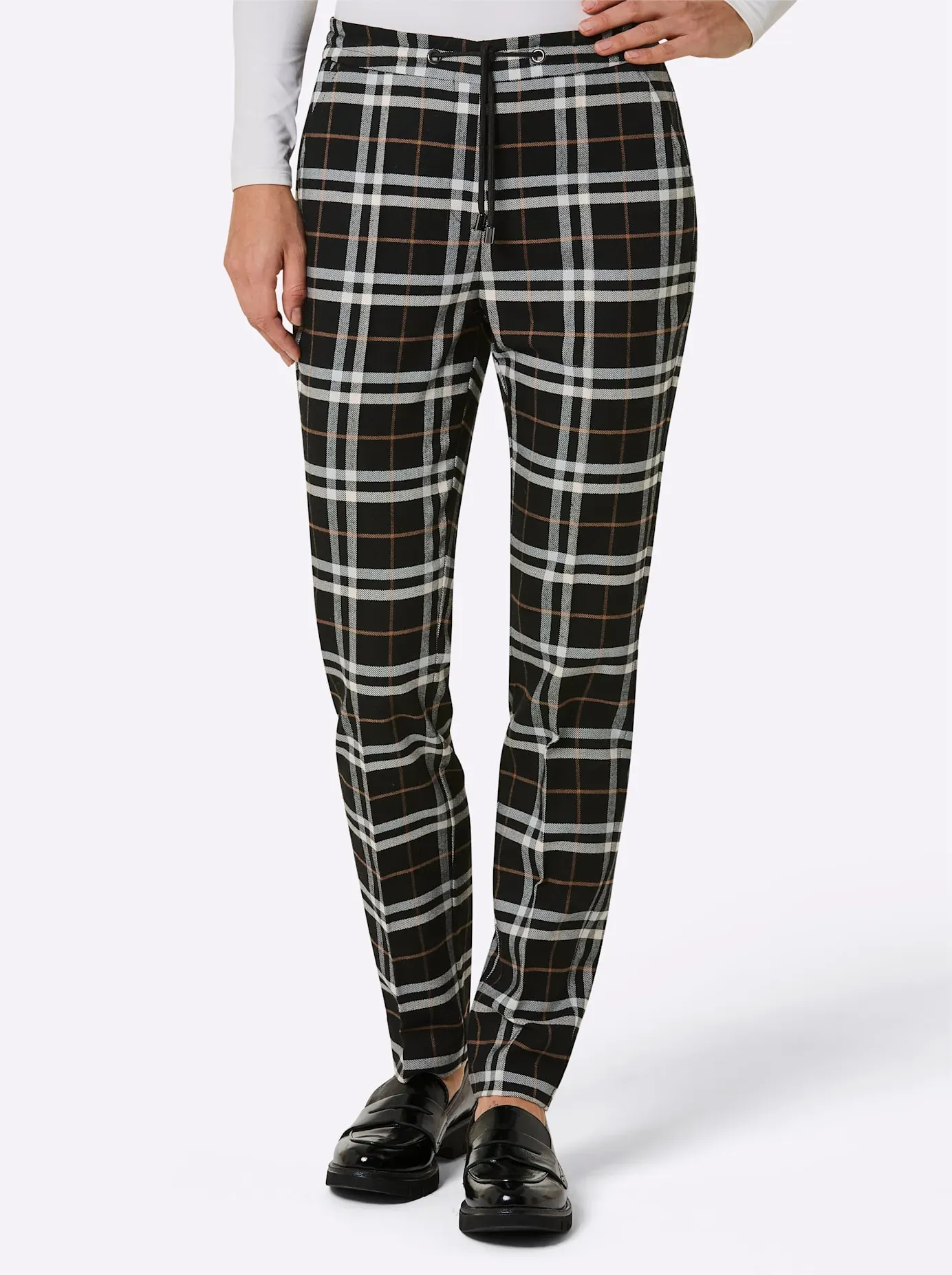 Webhose CREATION L PREMIUM, Damen, Gr. 42, Normalgrößen, schwarz-weiß (schwarz, cognac, kariert), 52% Polyester, 35% Wolle, 10% Viskose, 3% Elasthan, gemustert, kariert, mehrfarbig, Hosen