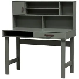 Woood Schreibtisch Stage aus Kiefernholz, modern, FSC-zertifiziert, grün lackiert, mit Ledergriff