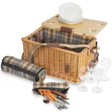 CampFeuer Picknickkorb 4 Personen mit Geschirr-Set und Serviertisch | 25-teilig | Picknickkoffer mit kariertem Innenmuster | Weidenkorb mit Kunstlederriemen | Picknicktasche, Picknick Set
