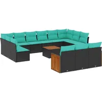 vidaXL Gartensofa-Set mit Kissen, schwarzes Polyrattan