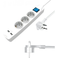 3-Fach Steckdosenleiste mit 2 USB-Ladebuchsen und Flacher Stecker, mit Schalter (Steckerleiste mit erhöhtem Berührungsschutz) 5m weiß