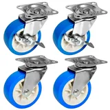 PRIOstahl Lenkrollen Möbelrollen Bremsrollen Schwerlastrollen Transportrollen - 4er SET: 2 Lenkrollen + 2 Lenkrollen mit Bremse 75mm Blaue Rollen für Möbel Spurlos & Leise Premium Rollensatz