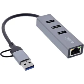 InLine 4in1 Gigabit Hub, USB-C & USB-A, 1x RJ45, 3x USB 3.2 Gen.1 - Grau