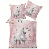 GEDAEUBA Pferde Mädchen Bettwäsche 140x200 Winter - Rosa Kirschblüten Bettbezug, Wendebettwäsche und Kissenbezug 70x90, Weiche & Angenehme Mikrofaser Bettwäsche-Sets mit Reißverschluss