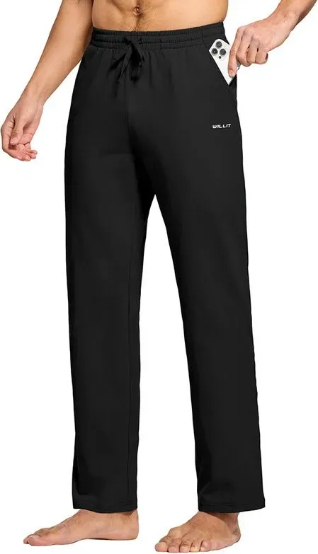 Willit Herren Sweat-Höschen, Yoga-Höschen aus Baumwolle, sportlich, lockere Passform, Laufhöschen, mit Taschen, schwarz, XXL