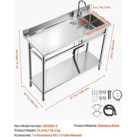 Vevor Spültisch Spülbecken Edelstahl (120 x 50 x 94 cm), Einzelbecken mit Wasserhahn & Ablage, Küchenspüle für Garage Restaurant Wäscherei, Waschtisch Außenspüle mit Arbeitsplatte (links)