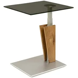 Vierhaus Beistelltisch Platte Parsolglas, stufenlos höhenverstellbar, Wange Wildeiche massiv, Bodenplatte edelstahlfarbig lackiert, rollbar