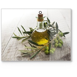 DEQORI Schneidebrett ‚Olivenöl mit Olivenzweig‘, Glas, Platte Frühstücksbrett Schneideplatte braun|grün 40 cm x 30 cm