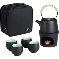 Reise-Keramik-Teekanne mit Herdwärmer, Geschenk, Tee-Set, 1 Kanne, 4 Mini-Tassen, chinesische Kung-Fu-Teekanne, Porzellan-Teetassen, tragbare Schutztasche für Outdoor, Picknick, Camping