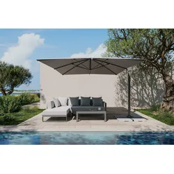 OUTFLEXX Almeria Gartenmöbel-Set Lounge inkl. Ampelschirm, silbergrau/anthrazit, Alu/Polyester/Glas, Schirm 400 x 300 cm, pulverbeschichtet , mit Reißverschluss & Polster, wasserabweisend, UV-Schutz