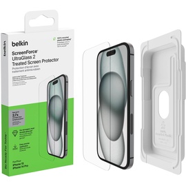 Belkin ScreenForce UltraGlass 2 antimikrobielle iPhone 15, Display-Schutzfolie, kratzfest, dünnes Glas, in Tests bestätigter Härtegrad 9H für iPhone 15/iPhone 14 Pro, blasenfreien Anbringung
