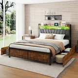 Gepolstertes Metallbett 140 x 200 cm mit Kopfteil, 4 Schubladen, LED-Beleuchtung und Ladestation - Schwarz