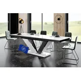 Design Esstisch HEU-111 Weiß Hochglanz / Schwarz Hochglanz ausziehbar 160 cm bis 256 cm Esszimmertisch für bis zu 10 Personen Hochglanz Funktionstisch modern vielseitig Esszimmer erweiterbar zeitlos