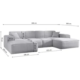 kaiser möbel Ecksofa, Eckcouch U form, Wohnzimmer Couch Large 342cm SIENA stoff Poso Grau - Grau