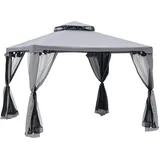 Outsunny Pavillon mit Doppeldach, ca. 3x3 m Wasserdicht Stabil Winterfest Gartenpavillon mit Moskitonetz, Seitenteile, Garten-Pavillon aus Metall, für Garten, Terrasse, Hellgrau