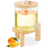Relaxdays Getränkespender, 5 Liter, Kalt- & Heißgetränke, Bambus-Ständer, Thermometer, Bowle-Gefäß, transparent/Natur