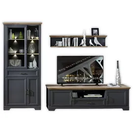 Stella Trading JASMIN Wohnwand Komplett-Set in Graphit, Artisan Eiche Optik - Schrankwand mit LED-Beleuchtung für Ihr Wohnzimmer im Landhausstil - 299 x 204 x 51 cm (B/H/T)