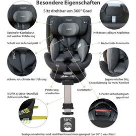 XOMAX G409 Kindersitz drehbar 360°, Standfuß, ISOFIX I mitwachsend I 0-36 kg, 0-12 Jahre, Gruppe 0+/1/2/3, 5-Punkt-Gurt, 3-Punkt-Gurt I Bezug waschbar I ECE R129