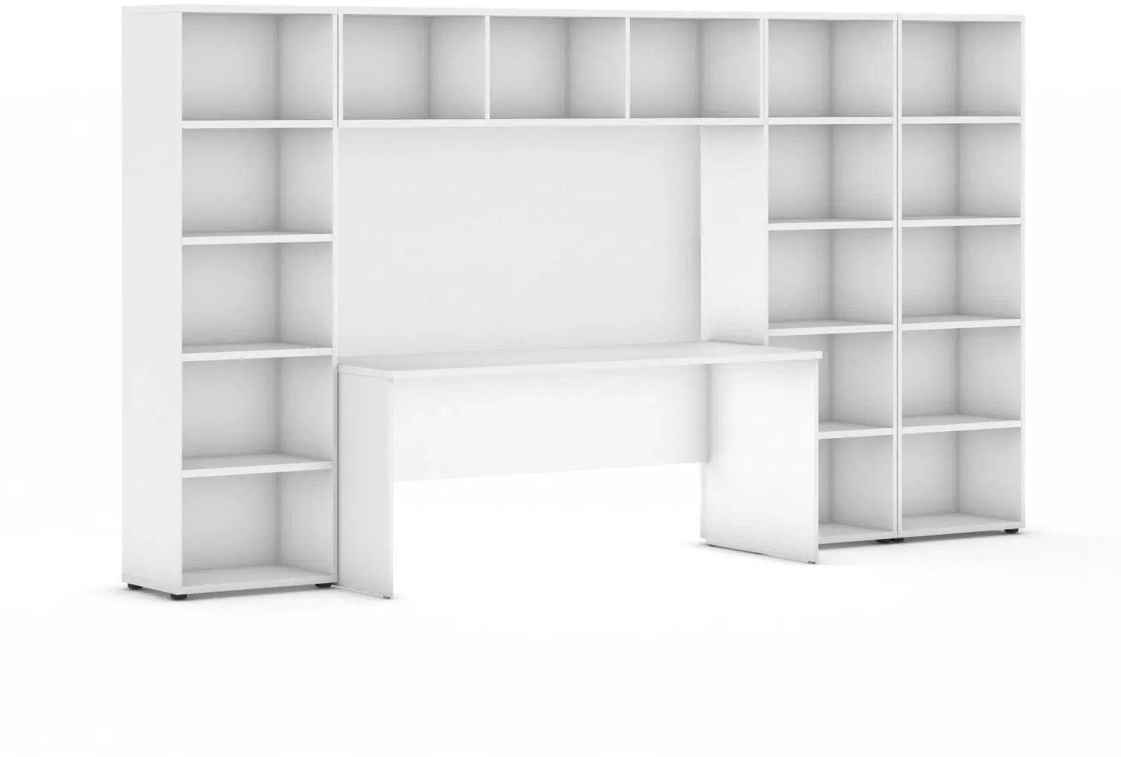 Bücherwand INTEGRO mit integriertem Tisch, niedrig/breit, 3350 x 700/400 x 1923, weiß