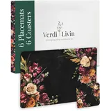 Verdi Livin Kork-Tischsets, 6 Stück, passende Untersetzer, hitzebeständige Platzsets für den Esstisch, 40,6 x 30,5 cm, Unterseite aus Kork, abwischbar, schwarzes Blumen-Design