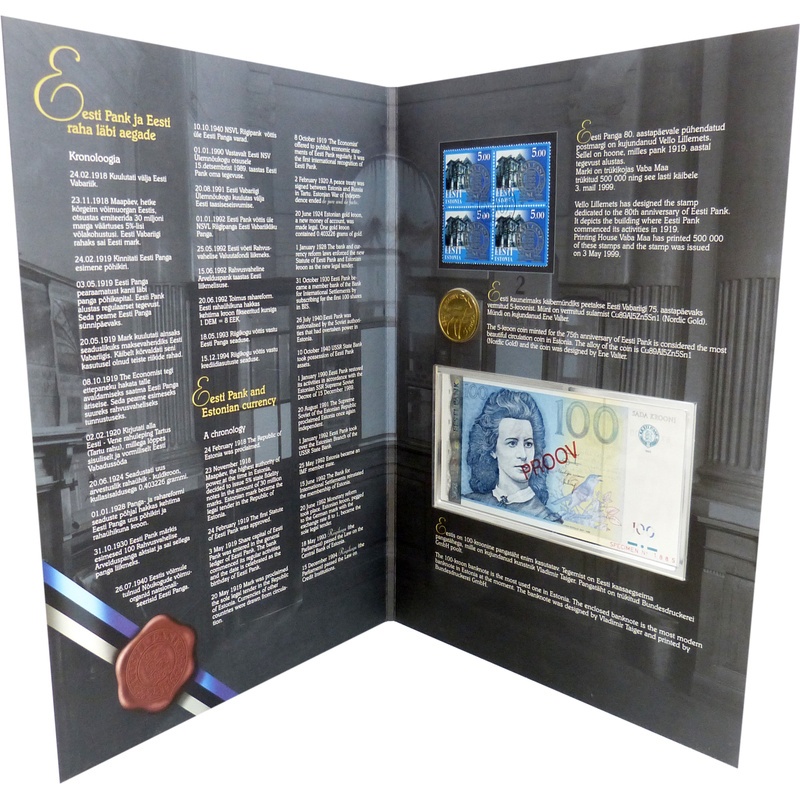 Estland 100 Kronen 1999 Sammler Album (Banknote+Münze+Postmarken)