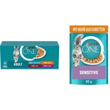 PURINA ONE Adult Katzenfutter nass, zarte Stückchen in Sauce, Sorten-Mix, 40er Pack (40 x 85g) & Sensitive Katzenfutter nass, zarte Stückchen in Sauce mit Huhn, 26er Pack (26 x 85g)