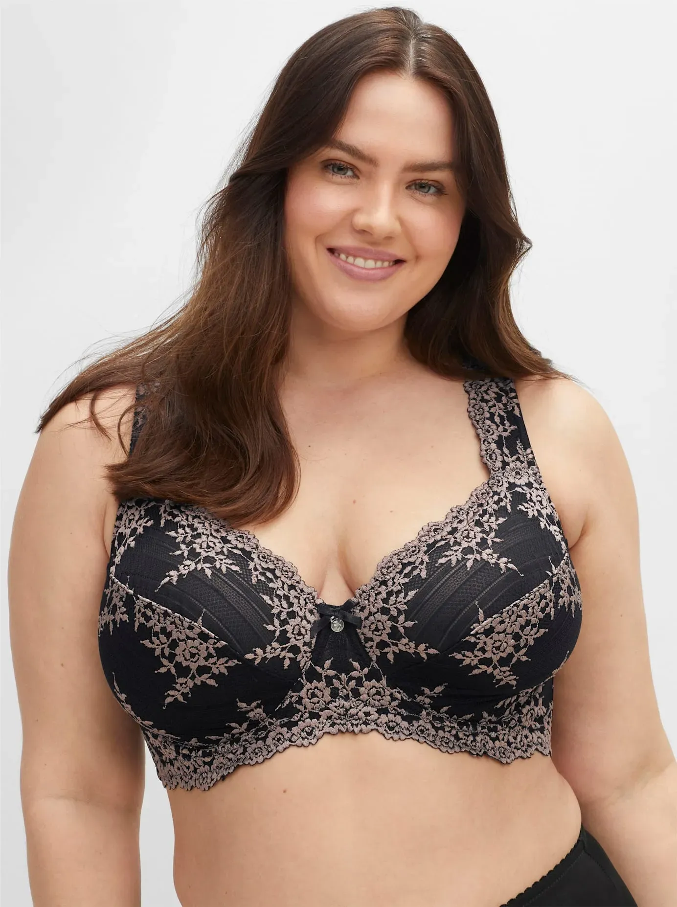 Bügel-BH SHEEGO, Damen, Gr. 105, Cup F, schwarz, taupe, 95% Baumwolle, 5% Elasthan, Spitze:12% Elasthan, 88% Polyamid, BHs Bügel-BH