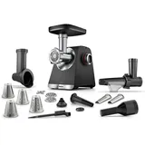 Bosch Serie 6 MFWS660B, 3 Lochscheiben (3, 4,5 und 8 mm), Edelstahl, spülmaschinenfest, Reibe-, Wurst- und Kebbe-Aufsatz, Entsafter, Motorblockleistung 2.100 W, Schwarz