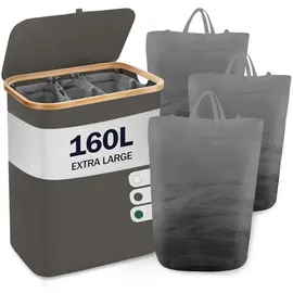 luxuskollektion Wäschekorb Deckel 3Fächer Wäschesäcke faltbar Bambus 160L Dunkelgrau