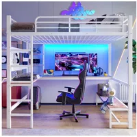 Odikalo Hochbett Metallbett 140x200 mit Schreibtisch & LED (Hochbett, 140 x 200cm, Eisenrahmen, Schreibtisch, Geländer, Trittleiter, mehrere Ablagen, mit usb+type-c Steckdose, mit LED Leiste, mit Lochbrett, ohne Matratze, Weiß)