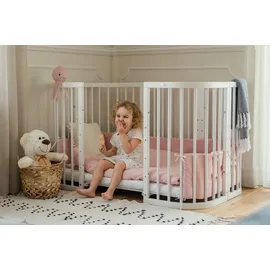Waldin Mobiles Babybett aus Holz 7in1 mit Matratze, mitwachsend,Stoffe Sterne pink,Holz weiß - Rosa