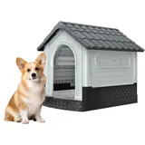 FIVMEN Hundehütte Outdoor Hundehöhle Hundehaus mit Tür und Oberlichter Wasserdicht & UV-beständig Draußen Kunststoff Haustierhaus Grau,79,5x70,5x78cm