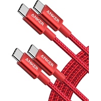 Anker New Nylon USB-C auf USB-C Ladekabel 1,8m Länge, Doppelpack, mit Power Delivery für MacBook Pro 2020, iPad Pro, Galaxy S20, Switch, Pixel, LG und USB-C Ladegeräte (Rot)